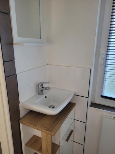 a small bathroom with a sink and a mirror at Haus Evelynchen Apartment 1 Deutschhof 