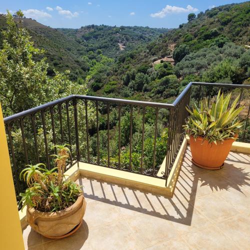a balcony with potted plants and a view of a mountain at Villa Farangi in Gállos