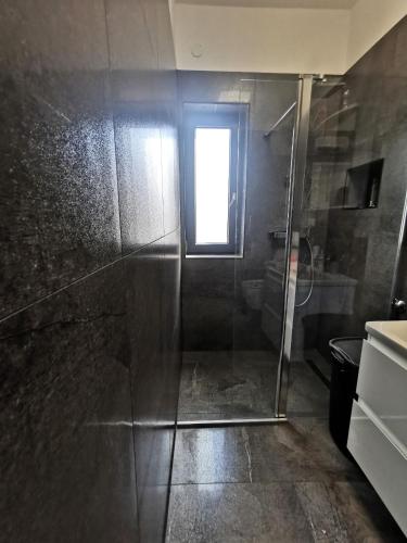 y baño con ducha y puerta de cristal. en Oasis in the city near Amfiteatar,free parking and free Wi-Fi, en Pula