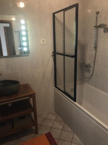 a bathroom with a shower and a sink and a tub at La Résidence de Marie in Brommat
