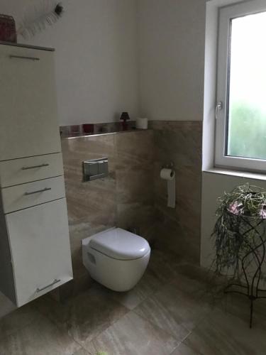 a bathroom with a white toilet and a window at Izba v čarovnom dome in Svätý Jur