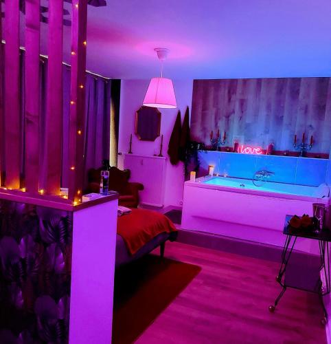 een paarse kamer met een bed en een bad bij Superbe appartement Colmar avec vue et Jacuzzi in Colmar