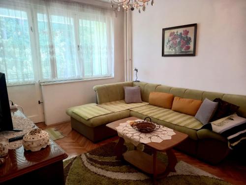 uma sala de estar com um sofá verde e uma mesa em Stan na dan Novi Grad em Bosanski Novi