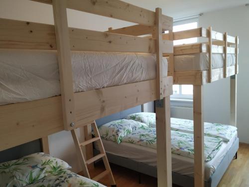 Ce dortoir comprend 2 lits superposés et une fenêtre. dans l'établissement CozyNite Premium Apartment Ottakring, à Vienne