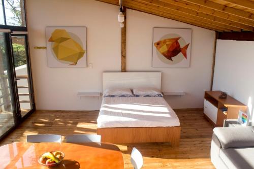 1 dormitorio con 1 cama y pinturas en la pared en Casa el Ocobo, proyecto ecodependiente, en Silvania