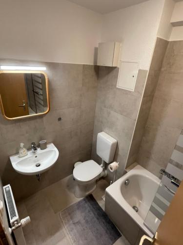 a bathroom with a toilet and a sink and a tub at Ruhige Ferienwohnung in Rostock