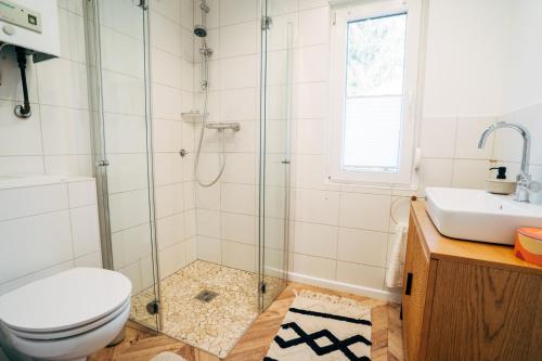 a bathroom with a shower and a toilet and a sink at Wunderschönes Chalet mit Gästehaus in der Natur + Pferdeweide in Sangerhausen