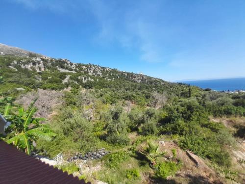 a view of a hill with the ocean in the background at Vila zaho in Dhërmi