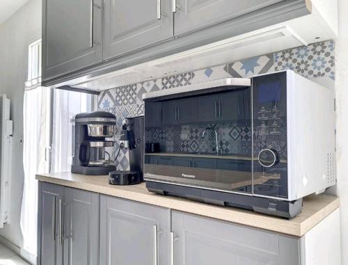 un four micro-ondes installé au-dessus d'un comptoir de cuisine dans l'établissement Piztache, à Guéron