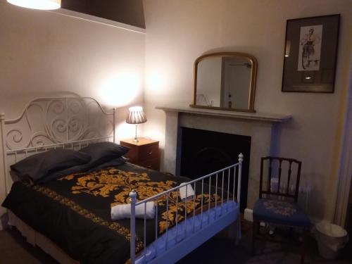 a bedroom with a bed with a mirror and a fireplace at IVY House in Edinburgh