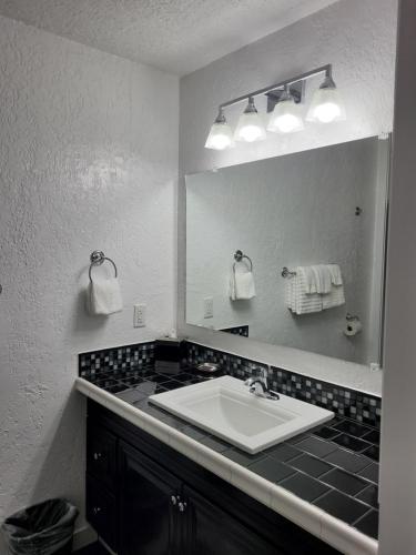 a bathroom with a sink and a large mirror at Rocket Motel in Custer