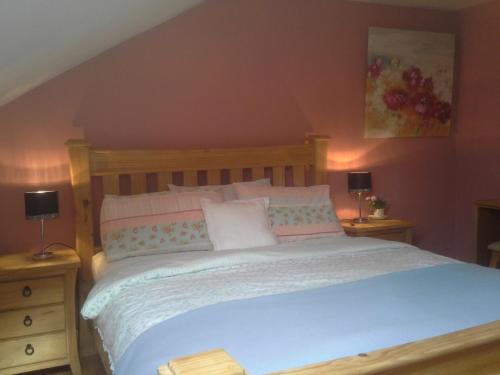 a bedroom with a bed and two night stands with lamps at Tullaleagan Guesthouse in Oughterard