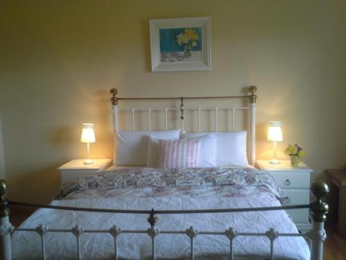 a bedroom with a large bed with two lamps at Tullaleagan Guesthouse in Oughterard
