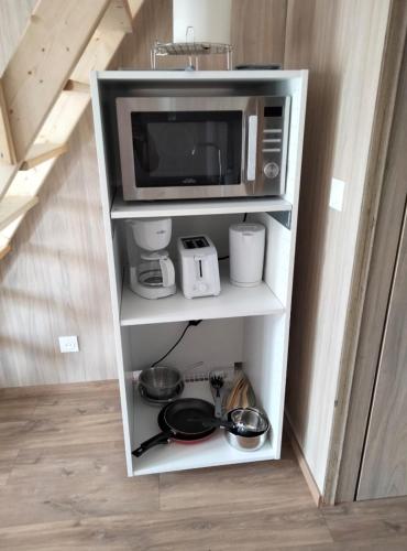 un four micro-ondes installé au-dessus d'une étagère dans l'établissement Gîte atypique en bois entre ville et verdures, à La Chapelle-Saint-Mesmin