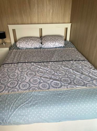 łóżko z dwoma poduszkami na górze w obiekcie Gîte atypique en bois entre ville et verdures w mieście Chapelle-Saint-Mesmin