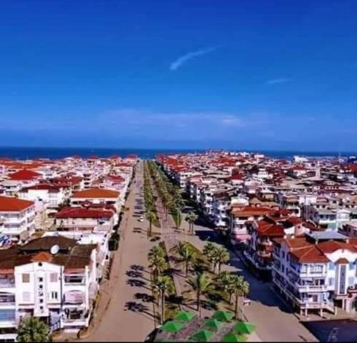 una vista aérea de una ciudad con casas y el océano en العربية العالمية للسياحة و الرحلات شقق فندقية فاخرة برأس البر, en ‘Izbat al Burj