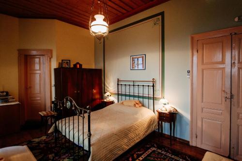 un dormitorio con una cama con un gato durmiendo en ella en Gerofotis Traditional Guesthouse est 1892 - Close to Aigio, Akoli, Selianitika, en Lákka