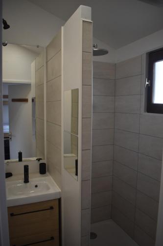 une salle de bain avec un lavabo et une douche dans l'établissement Loralistudios, Maison en bord de mer, à Pornic