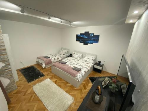 een woonkamer met 2 bedden en een televisie bij Apartman Bonaca in Niš