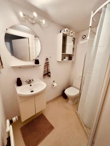 a bathroom with a sink and a toilet and a mirror at Apartment in the heart of Aalborg in Aalborg