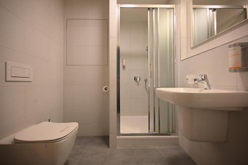 La salle de bains est pourvue de toilettes, d'un lavabo et d'une douche. dans l'établissement SLADOVNA Apartments, à Olomouc