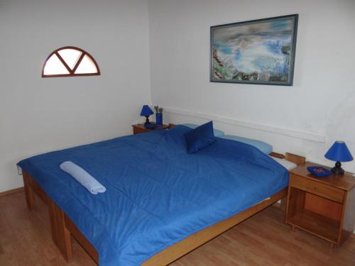 1 dormitorio con 1 cama con edredón azul en Apartments and rooms with parking space Klenovica, Novi Vinodolski - 5590, en Klenovica