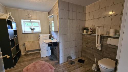 a bathroom with a toilet and a sink in it at Naturhof Buschwiesen - Wohnung Nandu in Wilsum