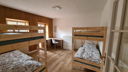 a room with two bunk beds and a desk at Naturhof Buschwiesen - Wohnung Nandu in Wilsum