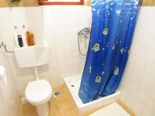 łazienka z toaletą i niebieską zasłoną prysznicową w obiekcie Seaside secluded apartments Cove Pobij, Hvar - 5633 w mieście Gdinj