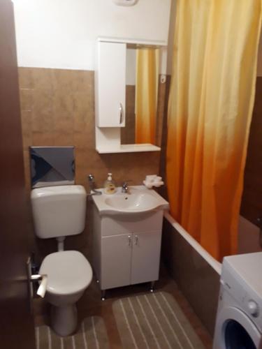 a bathroom with a toilet and a sink and a mirror at Apartments with parking space Supetar, Brac - 5653 in Supetar