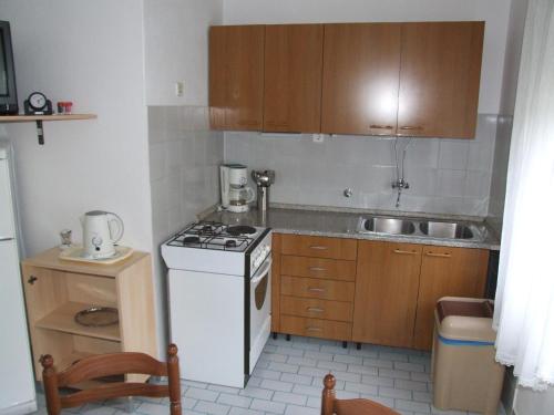 a small kitchen with a stove and a sink at Apartments with a parking space Dramalj, Crikvenica - 5576 in Dramalj