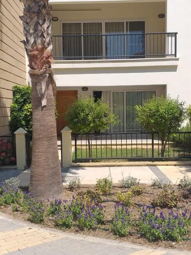 a palm tree in front of a building with purple flowers at Boheme B6 Sunrise Beach in Kalecik