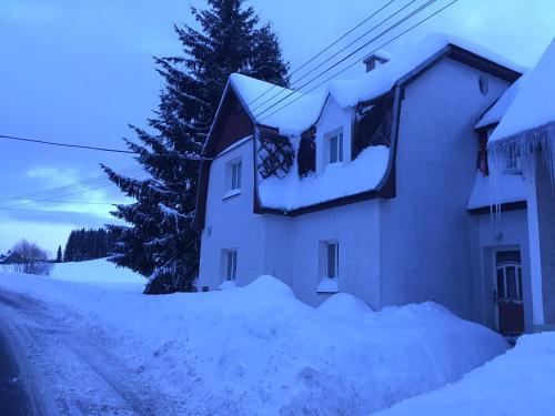 a house covered in snow on a snowy street at Chalupa Magistrála in Horní Blatná