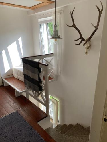 a staircase in a room with a window at Chalupa Magistrála in Horní Blatná