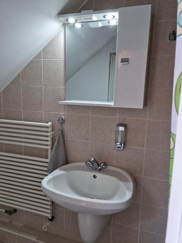 a bathroom with a sink and a mirror at Belvárosi Pihenőház in Békéscsaba
