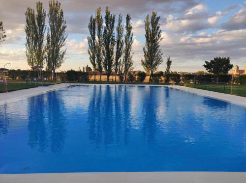 a large blue swimming pool with trees in the background at Casa Aurora in Sanchidrián