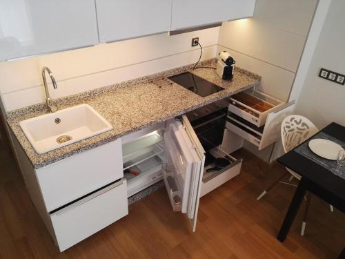 een keuken met een wastafel en een open koelkast bij Apartamento Cervantes in Málaga