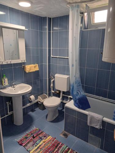 a blue tiled bathroom with a toilet and a sink at Apartment M in Žabljak