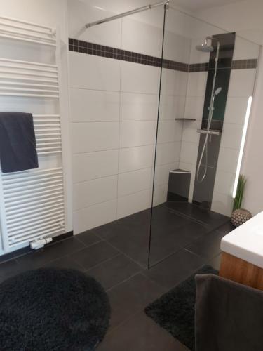 uma casa de banho com um chuveiro e uma porta de vidro em Gemütliches Haus mit Zuber, naturnah! em Weißenborn