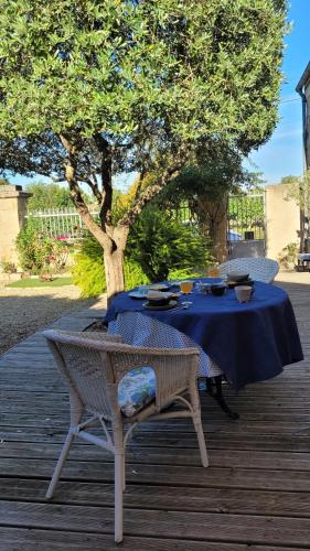 un tavolo con una tovaglia blu e una sedia di Au creux des vignes a Les Verchers-sur-Layon