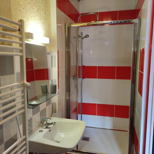 une salle de bain avec un lavabo et une douche dans l'établissement Hyper centre, excellent emplacement, à Cauterets