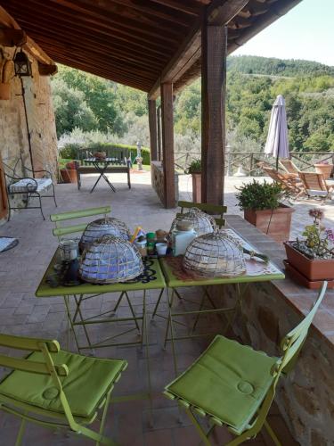 two picnic tables and chairs on a patio at Piccolo Relais Galletto di Marzo Spa e relax solo per due in Paciano