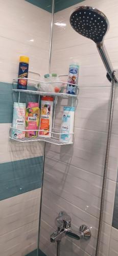 een plank in de badkamer met toiletartikelen bij Velvita Sliven in Sliven