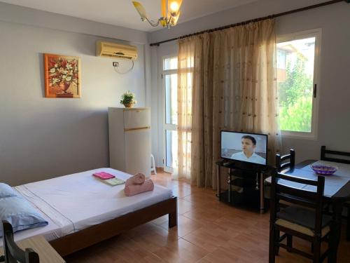 1 dormitorio con 1 cama y TV en una habitación en Gazi’s Apartament for Rent, en Golem