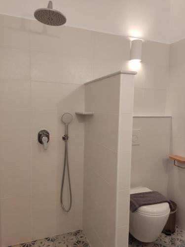 a white bathroom with a toilet and a shower at Ammos Sifnos Village in Platis Yialos Sifnos