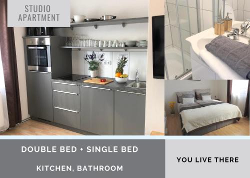 a collage of pictures of a kitchen with a sink at Apartments CITY Stadion in Linz
