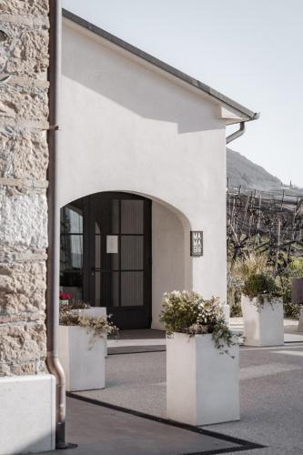 a white building with potted plants in front of it at Locanda MaMaGiò in Valdobbiadene