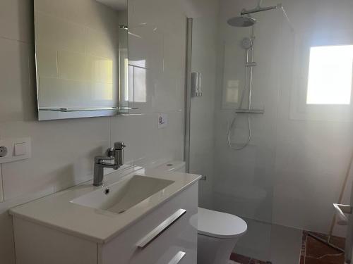 een badkamer met een wastafel, een toilet en een spiegel bij Casa Biamar in Calpe