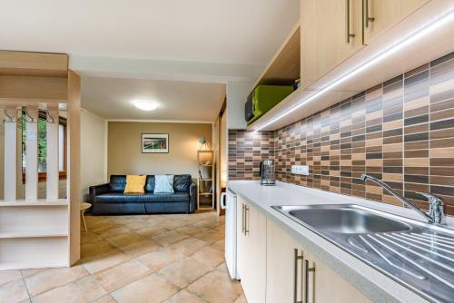 a kitchen with a sink and a couch in a room at Apartment Václavov in Děčín