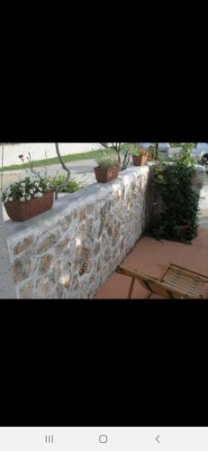 a stone wall with potted plants on top of it at Basil Apartments and Rooms in Betina